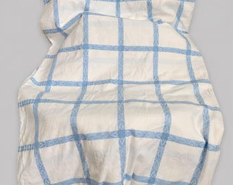 May include: A white duvet cover featuring a blue grid pattern with intricate woven details within the lines. The top edge includes three visible light-colored buttons for closure, creating a structured look across the fabric surface.