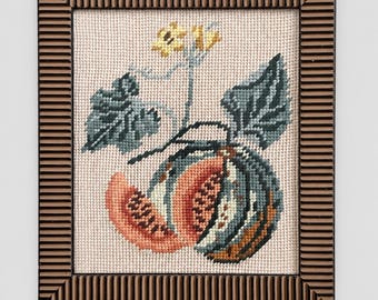 Framed Pumpkin Needlepoint | European Rustic Autumn Wall Art 9x10-1980s-1990s