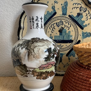 Vintage Japanese Table Lamp: Hand-Painted Mountain Scene, 14.5&quot; Height