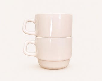 1980s  French Stackable Café Cups – Set of 2 – Pale Blush Opal Glass – Bistro Ware-ARC France