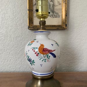 Small Faience Ceramic Lamp|Hand Painted Birds Flora|9.5&quot; height|French Decor|Country French|Small Lamps