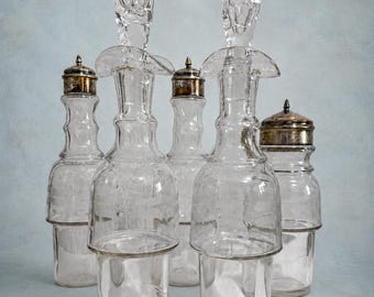 Antique Victorian Etched Glass Cruet Set, 5 Piece Silverplate Condiment Bottles, English Tableware, Elegant Dining Decor