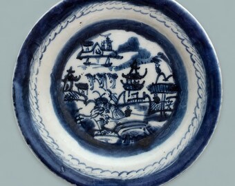 Antique Chinese Export Blue White Porcelain Plate, Qing Dynasty Canton Landscape, Hand Painted Small Dish, c. 1800