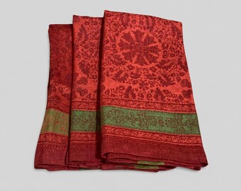 Vintage Williams Sonoma 100% Linen Napkins Set of 3 Red Green Jacquard Holiday Table Linens Made in Russia