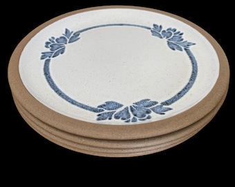 Midwinter England Stoneware Plates Set of 4 Vintage Blue Floral Dessert Plates Rustic English Pottery 6.5”