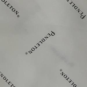 May include: A light gray textile with the word "PENDLETON" printed in a repeating pattern in dark brown. The word is angled in various directions across the surface.
