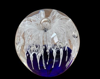 Vintage Studio Art Glass Paperweight Cobalt Blue Floral Orb 3.5”