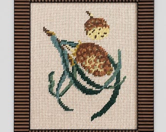 Acorn Needlepoint Wall Art | Framed Autumn Cottage Decor 9x10 | 1980s-1990s