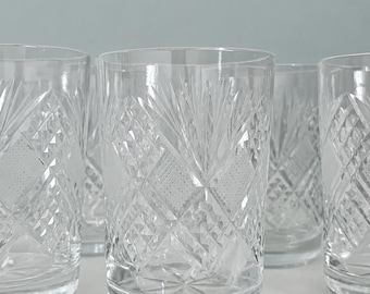 Vintage Hand Cut Crystal Whiskey Glasses Set of 6 | Bohemian Czech Double Old Fashioned Tumblers-1960s - 1970s
