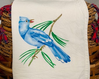 NOS 1940s Tea Towel|Dish Towl|Blue Bird of Happiness|33"x34.5"|Cotton