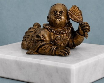 Antique 19th Century Bronze Karako Boy | Japanese Meiji Era Reclining Figure | Articulated Fan | Asian Bronze Okimono