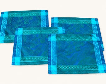 Vintage Garnier-Thiebaut French Jacquard Placemats Set of 4 | Teal Paisley Cotton Table Linens