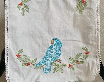 Vintage Embroidered Linen Runner w Blue Parrots Crochet Edge 36.5”