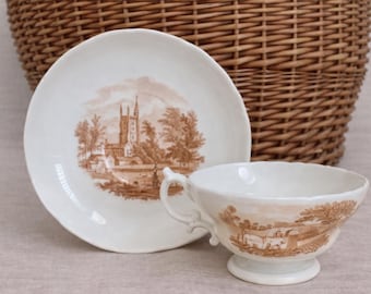 Antique Cauldon Place Teacup and Saucer: English Countryside Pattern, Staffordshire England