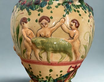 Antique 19th Century Faience Putti Vase | Hand Painted Renaissance Revival Majolica | European Cherub Twin Handle Vase c. 1880–1900