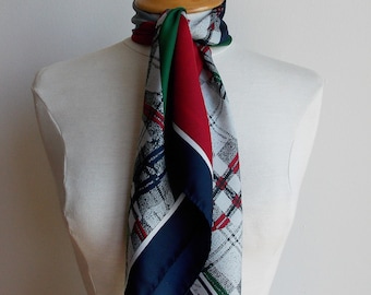 Vintage Leonardi Square Scarf, Abstract Geometric Print in Gray & Cherry Red, Hand Rolled Edges.