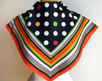 Vintage Multicolor Dotted Square Scarf, Bold Orange & Fuchsia Neckerchief, Sustainable Summer Headscarf.