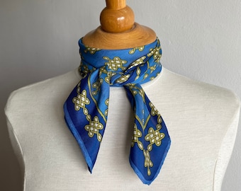 Vintage Square Scarf in Blue & Gold, Hand-Rolled Hem Retro Neckerchief