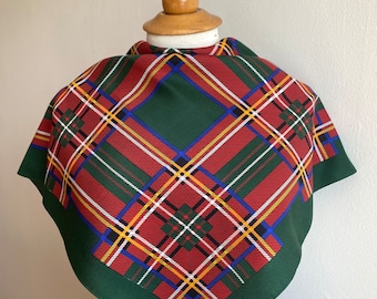 Vintage Tartan Plaid Square Scarf, Classic Green & Red Check Neckerchief, Sustainable Retro Headscarf.