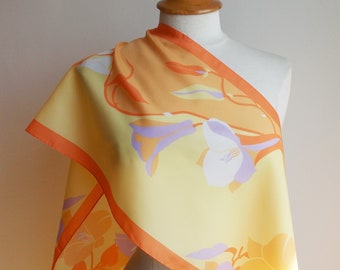 Vintage Yellow Floral Scarf, Made in Italy by Monique Martin, long retro neckerchief.