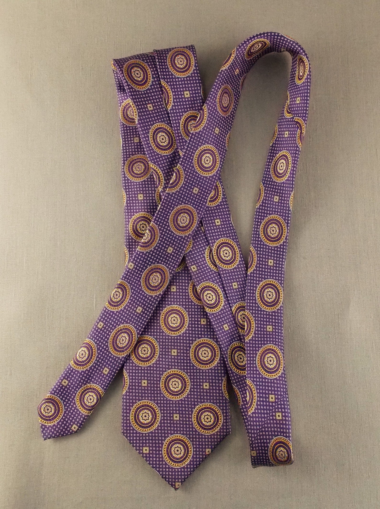 Purple silk tie with golden yellow accents squares and | Etsy