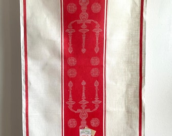 New Old Stock Vintage Linen Tea Towel, Made in Czechoslovakia, Retro Red & White Dishcloth