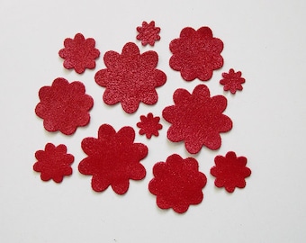 Red Leather Flower Die Cuts, Upcycled Leather Appliques, Set of 12
