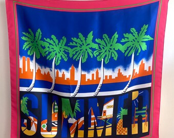 Vintage Italian Summer Scarf, Made in Italy Neon, 80s Tropical Print, Large Square Beach Scarf.