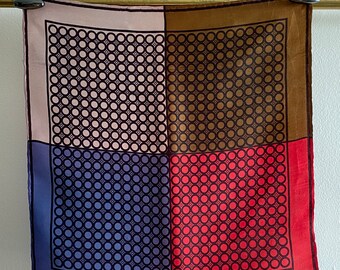 Vintage Mod Dotted Scarf, Red, Lavender, nude and Blue Geometric Handkerchief, Hand Rolled Edges,