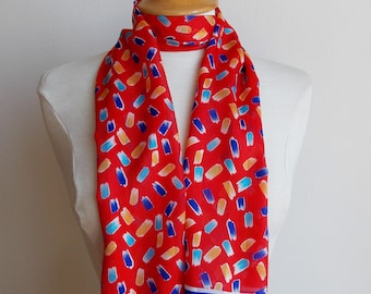 Vintage Italian Scarf by Monique Martin, Red Geometric Sheer Oblong Scarf, eco friendly