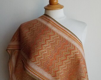 Vintage Oblong Scarf, Warm Nude, Orange & Khaki Green Neckerchief, Hand-Rolled Hem