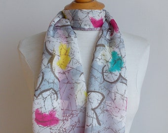 Vintage Pink & Gray Floral Oblong Scarf, Retro 80s Flower Pattern Skinny Neckerchief,