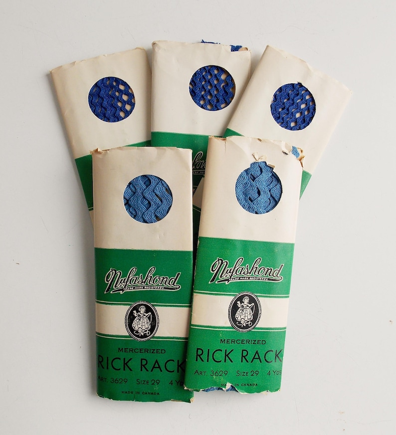 Vintage Rick Rack assorted trim original packaging 5 cards of 4 yards sewing accessories 20 yards scalloped trim.