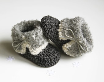 BRUNO Charcoal Baby Boots,Gray Fur Baby Shoes, Crochet Baby Shoes, Winter Baby Booties, Christmas Baby Gift, Size 0-3 months, Ready to Ship