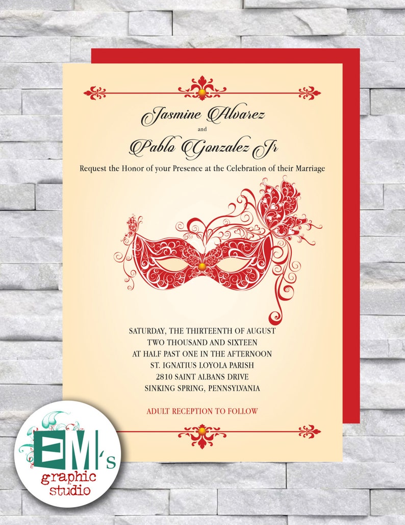 Masquerade Wedding Invitation Personalized Mask Red Gold Etsy