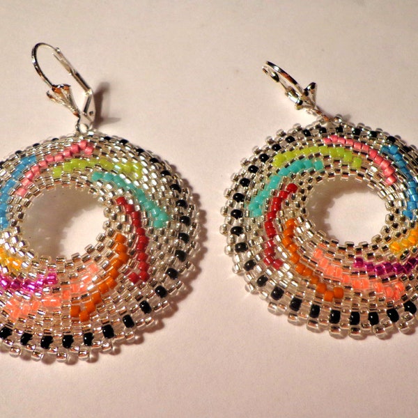 Circular peyote earrings pdf tutorial - Rocailles and Delica Miyuki silver and fantasy colors - Girandole model - Design Patrizia Bijoux