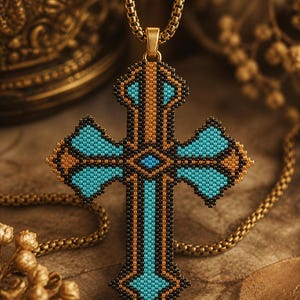 Peut inclure: Un collier doré avec un pendentif en forme de croix perlée. La croix est ornée de perles turquoise, noires et dorées, créant un motif détaillé. La chaîne est de style maillon classique, sur un fond flou aux tons chauds.