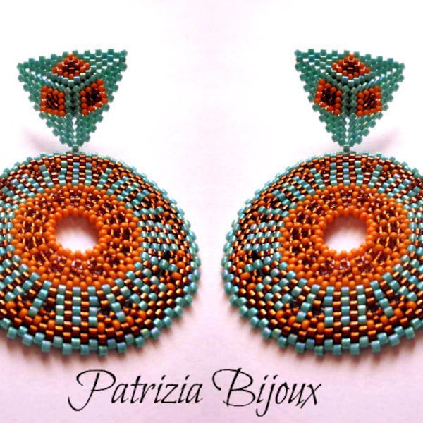 Africa - Circular peyote bead earrings pdf tutorial - Rocailles and Delica Miyuki copper, orange and turquoise - Design Patrizia Bijoux