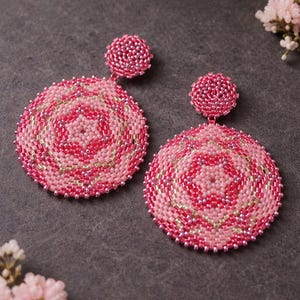 Circular Peyote Earrings Pattern "Rosa" - Rocailles and Delica Miyuki in Pink, Fuchsia and Silver - Circle Model
