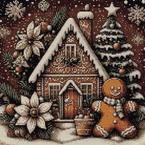 Può includere: Una scena natalizia pixelata con una casa di pan di zenzero con tetto innevato, un albero di Natale decorato e un omino di pan di zenzero. L'immagine è piena di fiocchi di neve, stelle di Natale e altri dettagli festivi, creando un'atmosfera calda.