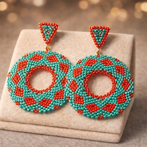 Circular Peyote Earrings Pattern "Corallo e Turchese" -  Tecnica Peyote circolare con Rocailles 15/0 e Delica Miyuki 11/0 Tutorial pdf