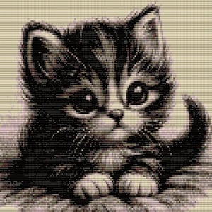 Peut inclure: Image pixélisée d'un chaton aux grands yeux expressifs. Le chaton a un pelage noir et blanc, avec un aspect doux et texturé. Le fond est de couleur beige clair, et le chaton est au centre de l'image.