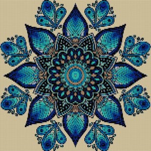 Könnte beinhalten: Ein symmetrisches Design im Mosaikstil mit einem zentralen Blumenmotiv, umgeben von stilisierten Blättern und schmetterlingsartigen Formen. Das Design verwendet Blau-, Türkis- und Schwarztöne mit Akzenten in Beige auf beigem Hintergrund. Das Muster ist detailliert.