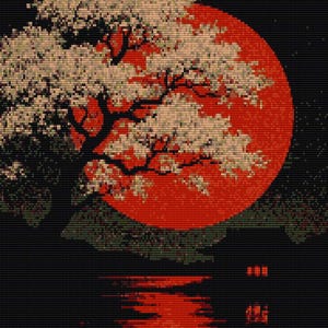 Peut inclure: Un motif de point de croix représentant un grand soleil rouge vif sur un fond noir. Un arbre sombre en silhouette avec des fleurs blanches s'étend devant le soleil. En dessous, un reflet rouge du soleil scintille sur une surface d'eau sombre.