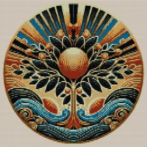 Può includere: Un design circolare con un albero stilizzato al centro. L'albero ha un grande frutto rotondo arancione in cima e frutti rotondi arancioni più piccoli lungo i rami. L'albero è circondato da onde blu e dorate e da un'esplosione di sole nero e dorato.