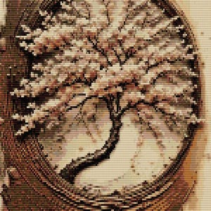 Può includere: Un'opera d'arte a mosaico dettagliata raffigurante un albero in fiore all'interno di una cornice circolare. L'albero presenta un tronco scuro e curvo e rami carichi di fiori di colore chiaro. La cornice e gli elementi circostanti sono in tonalità marroni e beige.