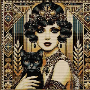 May include: Art Deco style illustration of a woman with dark hair, wearing a jeweled headpiece and holding a black cat. The image has a mosaic appearance with a colour palette of gold, black, and cream. The woman has dark eyes and lips, and is wearing a jeweled necklace and earrings.