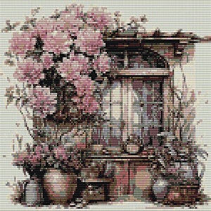 May include: A cross-stitch pattern of a vintage window with a pink flower bush growing in front of it. The window is framed in wood and has a white curtain. The flower bush is in a brown pot.