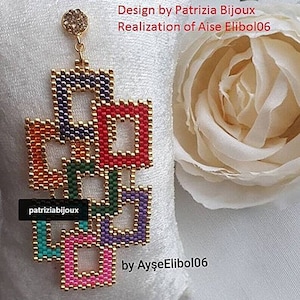May include: A colorful beaded earring with a geometric design. The earring is made of small, square beads in shades of red, orange, yellow, green, blue, purple, and pink. The beads are arranged in a pattern of overlapping squares, creating a modern and abstract look. The earring is finished with a gold-colored metal hook.