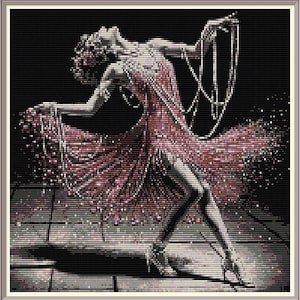 May include: A woman in a red sequined dress dances with a long strand of beads in her hand. The background is black and the dress is sparkling.